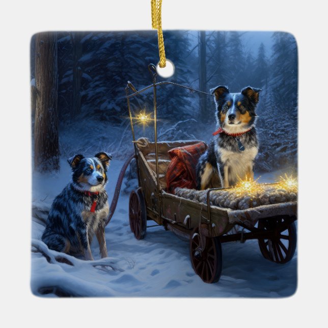 Blue Heeler Snowy Sleigh Christmas Decor  Ceramic Ornament (Front)