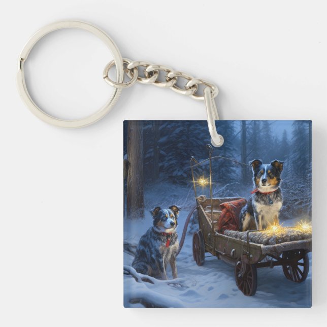 Blue Heeler Snowy Sleigh Christmas Decor  Keychain (Front)