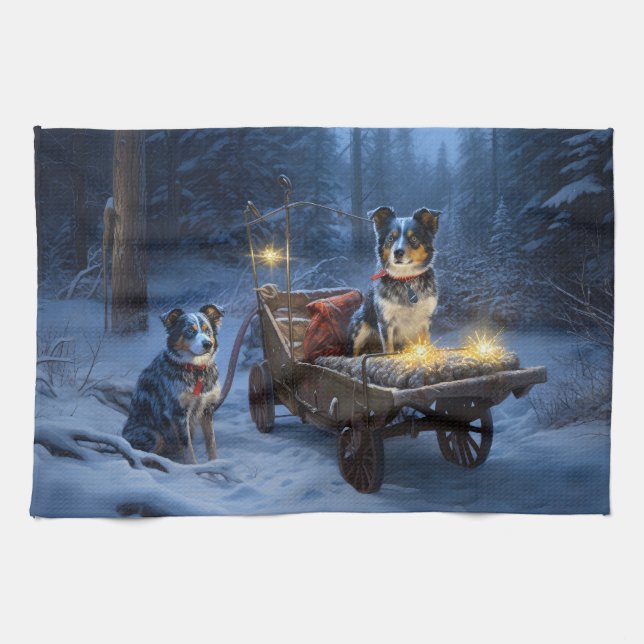 Blue Heeler Snowy Sleigh Christmas Decor  Kitchen Towel (Horizontal)