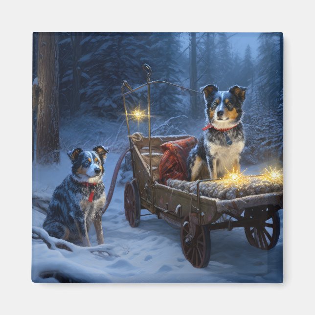 Blue Heeler Snowy Sleigh Christmas Decor  Magnet (Front)