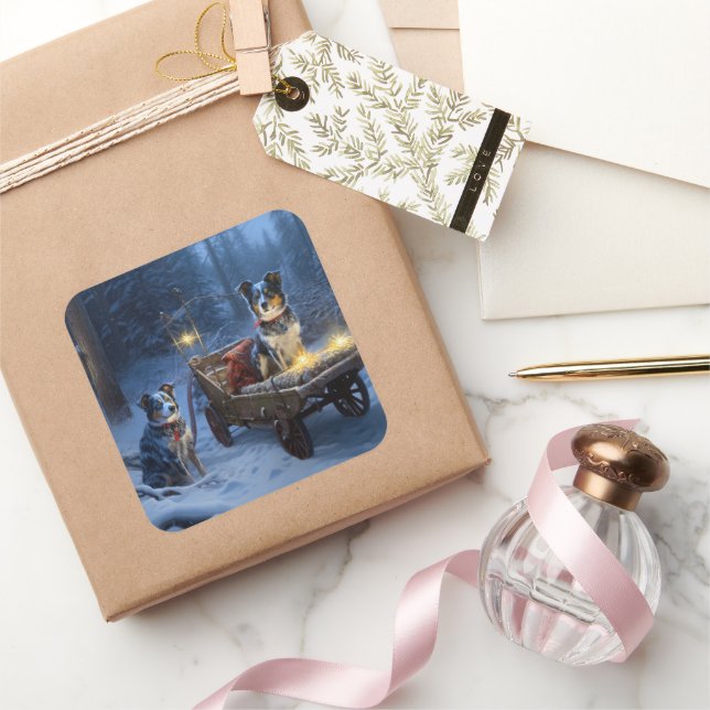 Blue Heeler Snowy Sleigh Christmas Decor  Square Sticker (Gifting)