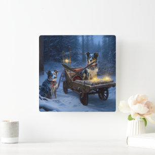 Blue Heeler Snowy Sleigh Christmas Decor  Square Wall Clock