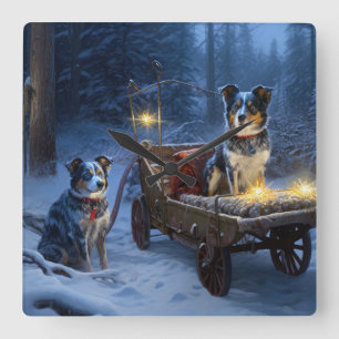 Blue Heeler Snowy Sleigh Christmas Decor  Square Wall Clock