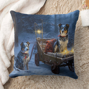 Blue Heeler Snowy Sleigh Christmas Decor Throw Pillow