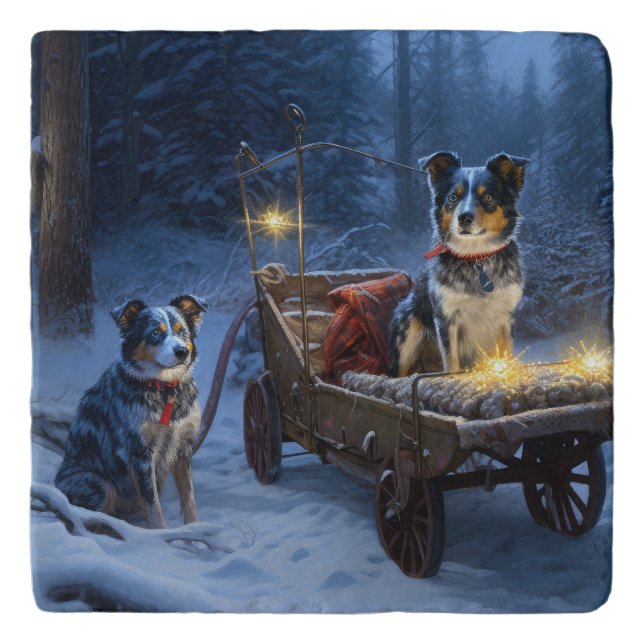 Blue Heeler Snowy Sleigh Christmas Decor  Trivet (Front)