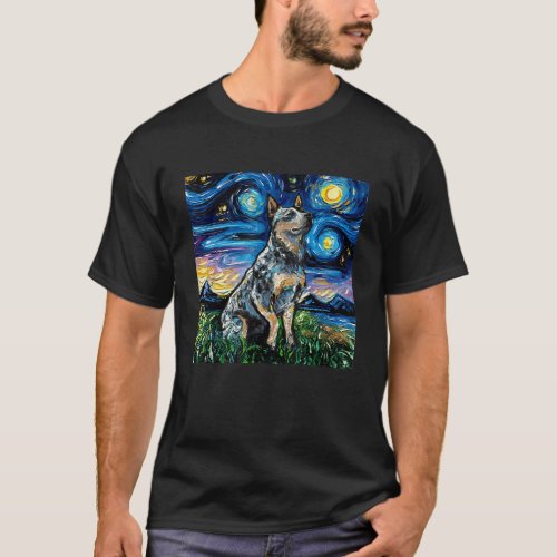 Blue Heeler Starry Night Dog Van Goghs Famous Pain T_Shirt
