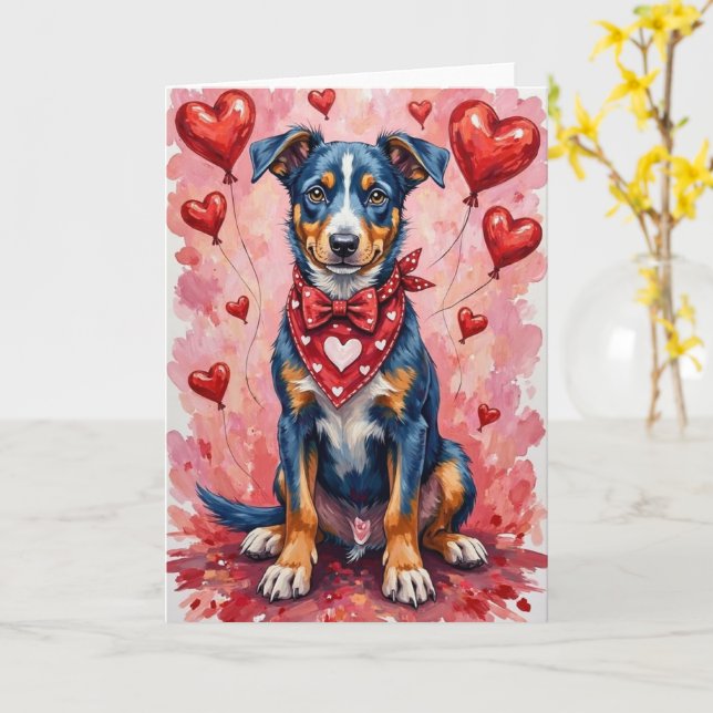 Blue Heeler Valentine’s Day Dog with Hearts Red Card (Yellow Flower)