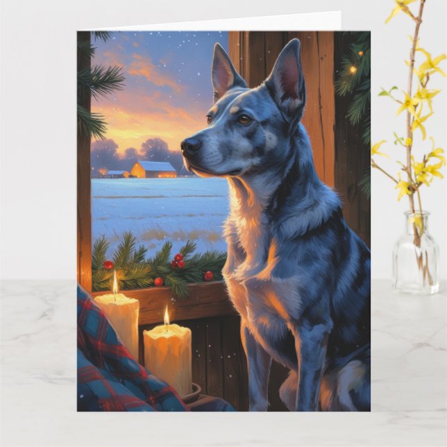 Blue Heeler With Christmas Lights Holiday  Card (Yellow Flower)