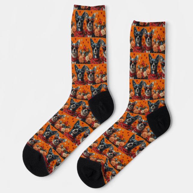 Blue Heeler With Heart Roses Valentine's Day Socks (Left)