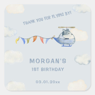 Blue Helicopter Cute Wolf First Birthday  Square Sticker