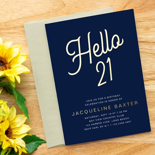 Blue Hello 21 Gold Script 21st Birthday Party Foil Invitation