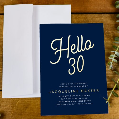 Blue Hello 30 Gold Script 30th Birthday Party Foil Invitation