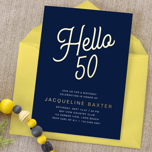 Blue Hello 50 Gold Script 50th Birthday Party Foil Invitation