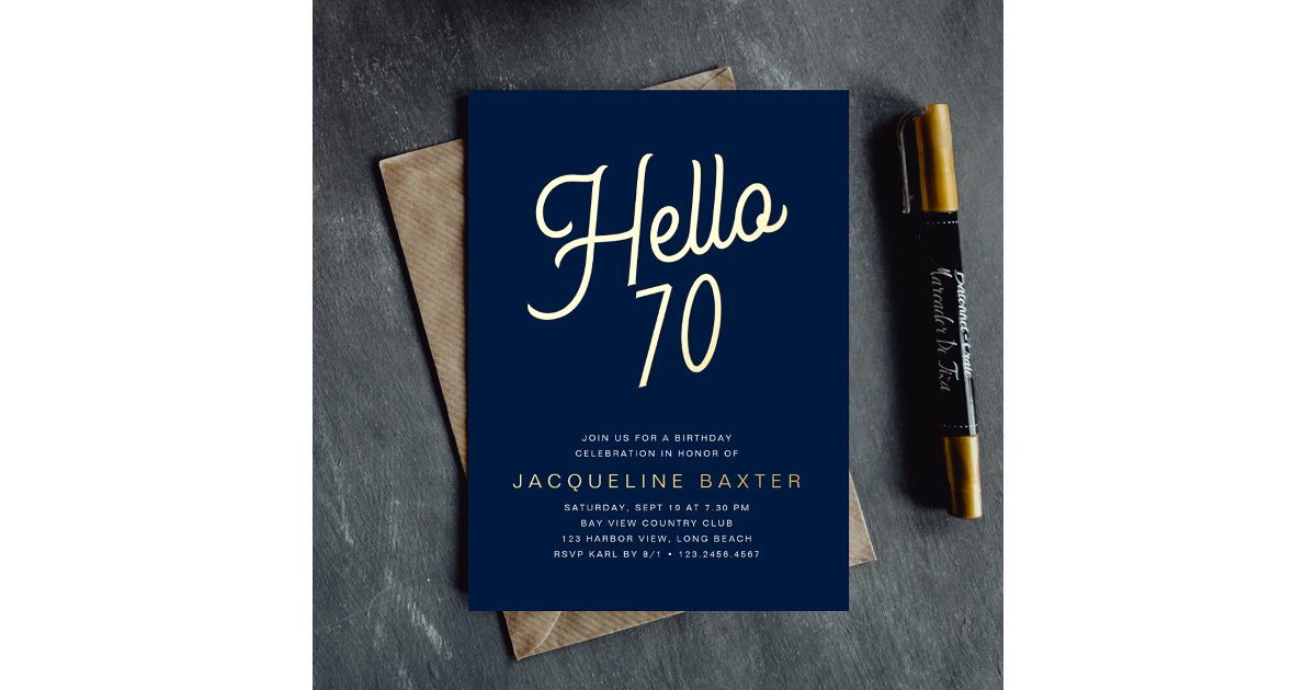 Blue Hello 70 Gold Script 70th Birthday Party Foil Invitation | Zazzle
