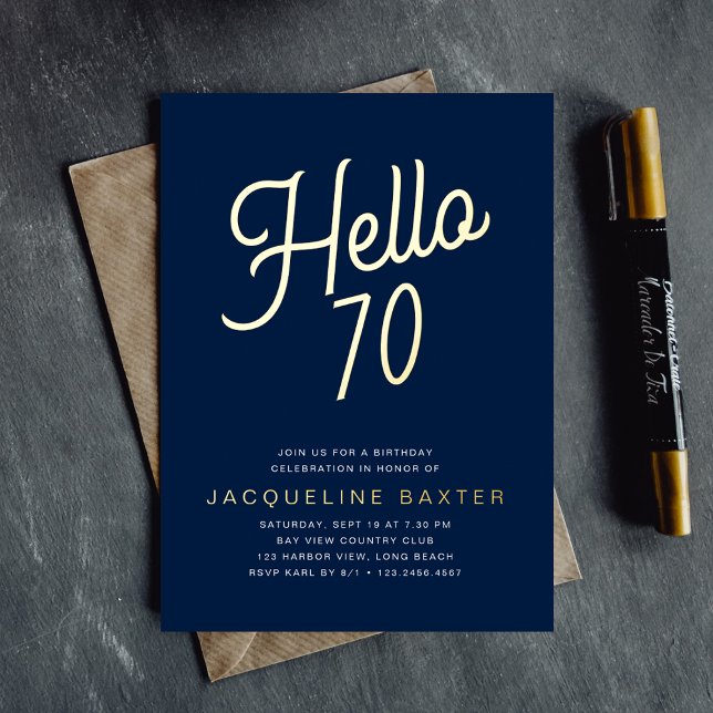Blue Hello 70 Gold Script 70th Birthday Party Foil Invitation (Creator Uploaded)
