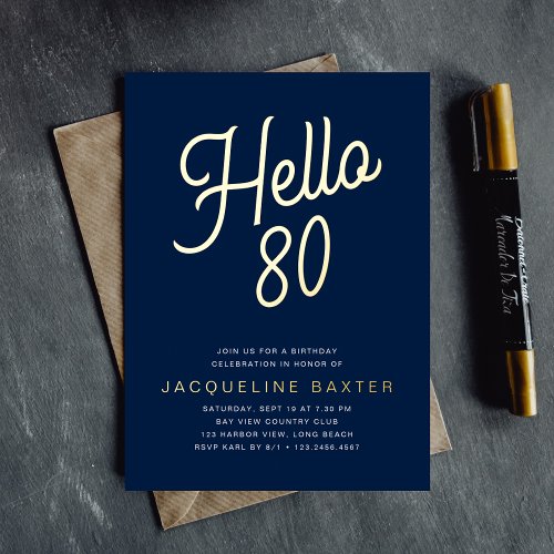 Blue Hello 80 Gold Script 80th Birthday Party Foil Invitation