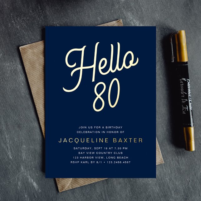Blue Hello 80 Gold Script 80th Birthday Party Foil Invitation (Creator Uploaded)