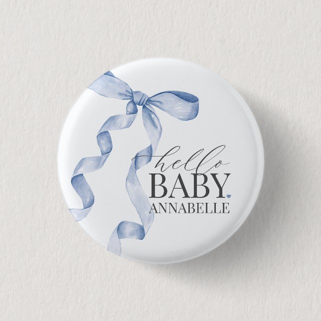 Blue Hello Baby Bow Girl Baby Shower Favors Button (Front)