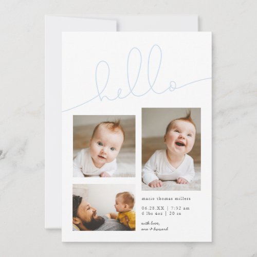 Blue Hello Script Multi Photo Boy Birth Announcement