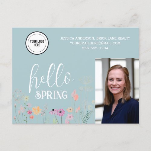 Blue Hello Spring Floral Real Estate Promotional Postcard