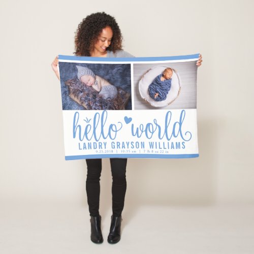 Blue Hello World Monogram Baby Stat Fleece Blanket