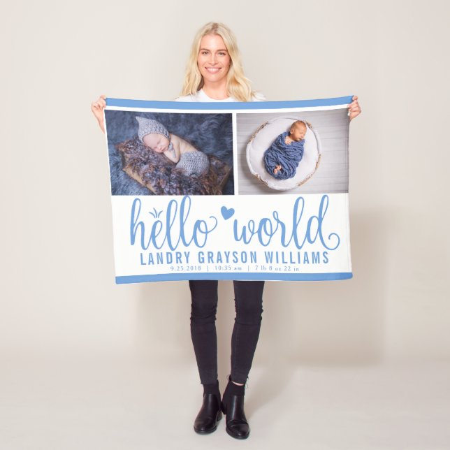 Blue Hello World Monogram Baby Stat Fleece Blanket (In Situ)