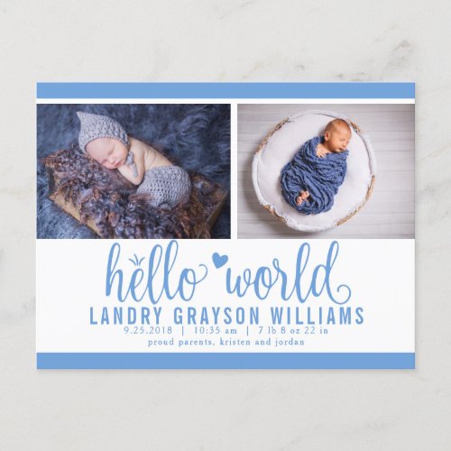 Blue Hello World Photo Birth Stat Announcement Postcard