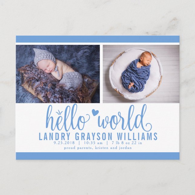 Blue Hello World Photo Birth Stat Announcement Postcard (Front)