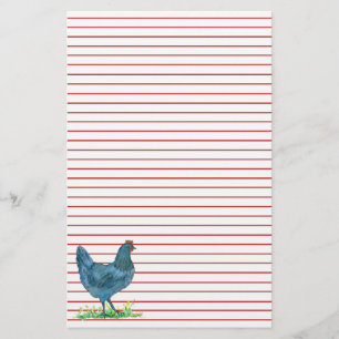 Blue Hen Chicken Watercolor Red Lined Stationery