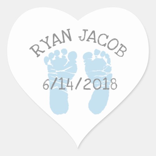 Blue Herat Baby Announcement Footprints Heart Sticker