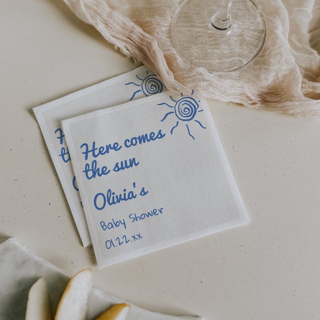 Blue Here Comes The Son Hand Drawn Baby Shower Napkins (Creator Uploaded)