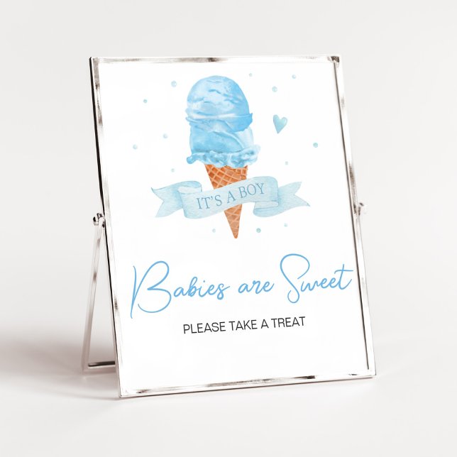 Blue Here's the Scoop Baby Shower Babies are Sweet Poster (Boy Ice Cream Baby Shower Babies are Sweet Sign)