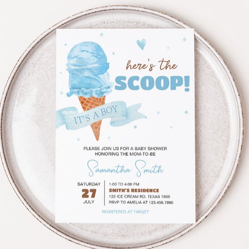 Blue Heres the Scoop Baby Shower Invitation