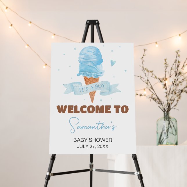 Blue Here's the Scoop Baby Shower Welcome Sign (In Situ (Stand))