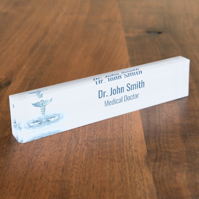 Blue Hermes Rod Water Ripples Caduceus Medical Desk Name Plate (Side)