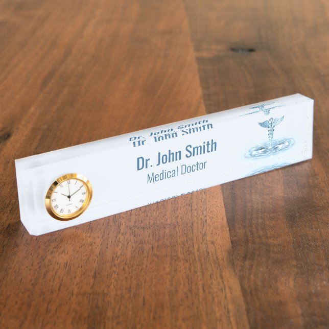 Blue Hermes Rod Water Ripples Medical Caduceus Desk Name Plate (Side)