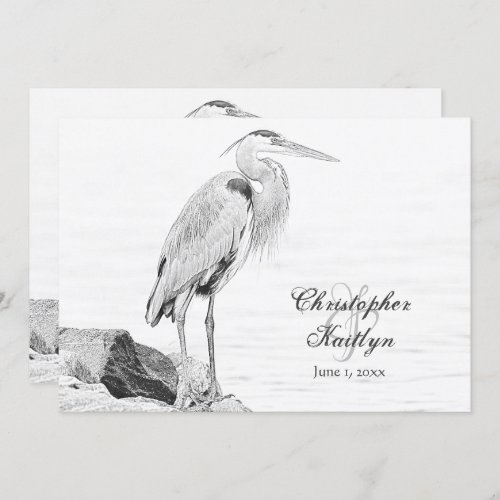 Blue Heron and Rocks Water Bird Sketch Wedding Invitation