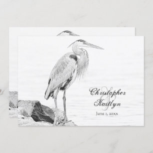 Blue Heron and Rocks, Water Bird Sketch Wedding Invitation