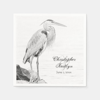 Blue Heron And Rocks  Water Bird Sketch Wedding Napkins by TheBeachBum at Zazzle