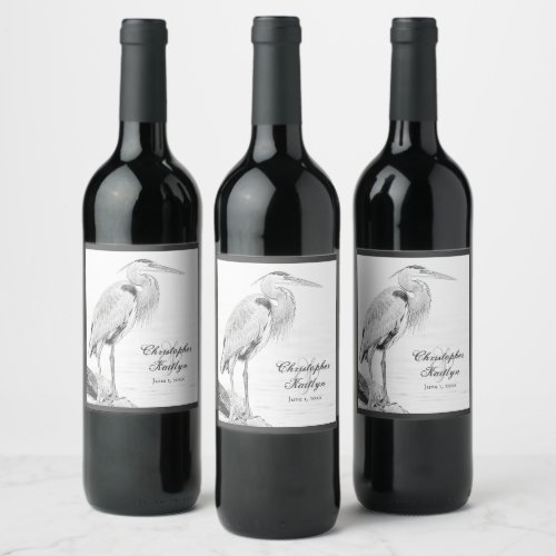 Blue Heron and Rocks Water Bird Sketch Wedding Wine Label