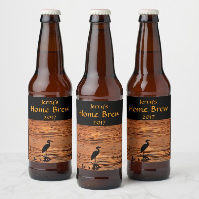 Blue Heron Bird Orange Sunset Beer Label (Bottles)