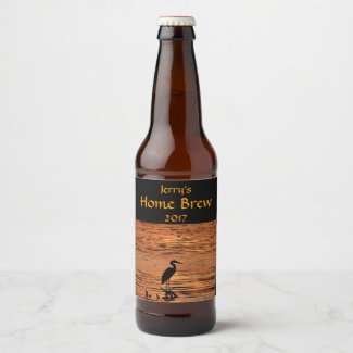 Blue Heron Bird Orange Sunset Beer Label