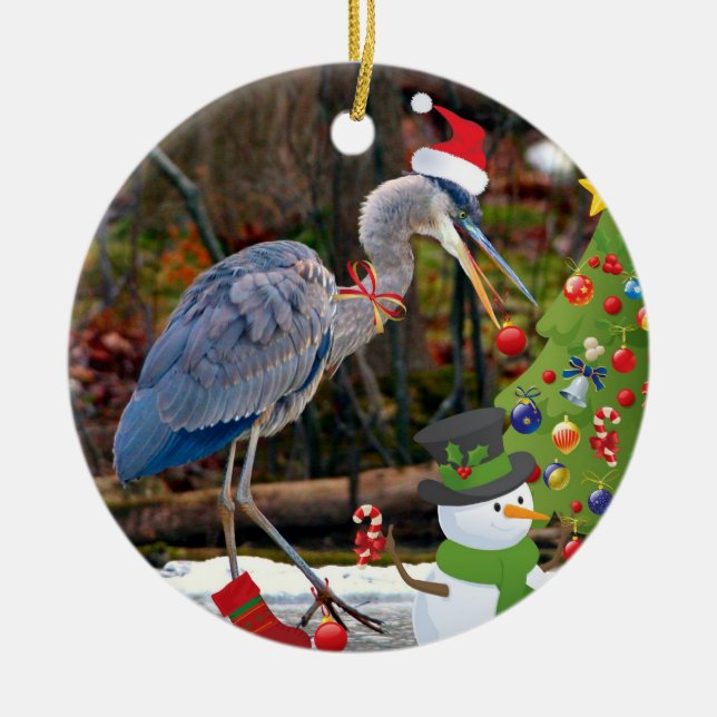 Blue Heron Christmas Ceramic Ornament (Front)