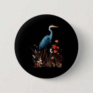 Blue Heron Floral Wildflower Bird Watching Button