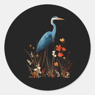 Blue Heron Floral Wildflower Bird Watching Classic Round Sticker