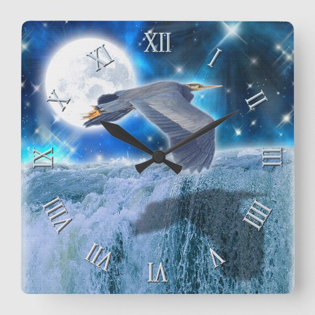 Blue Heron, Full Moon & Waterfall Fantasy Scene Square Wall Clock (Front)