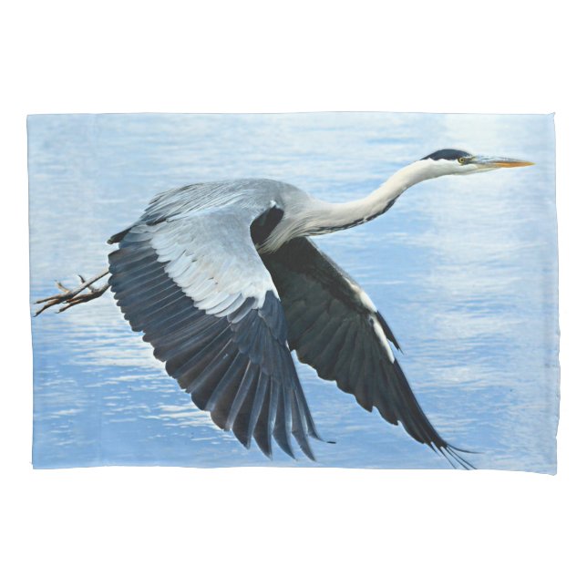 Blue Heron in Flight Over Water Pillow Case (Front)