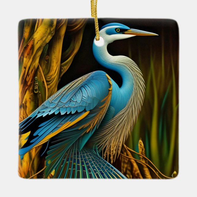 Blue Heron in Reeds  Ceramic Ornament (Front)
