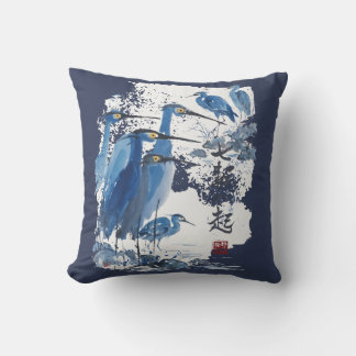 Blue Heron Japanese Ink Wash Bird Nature Throw Pillow