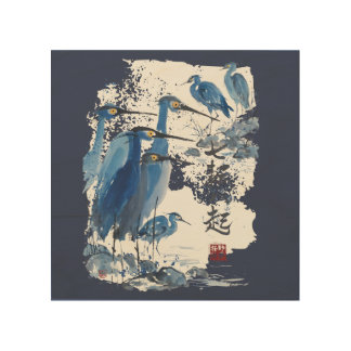 Blue Heron Japanese Ink Wash Bird Nature Wood Wall Art